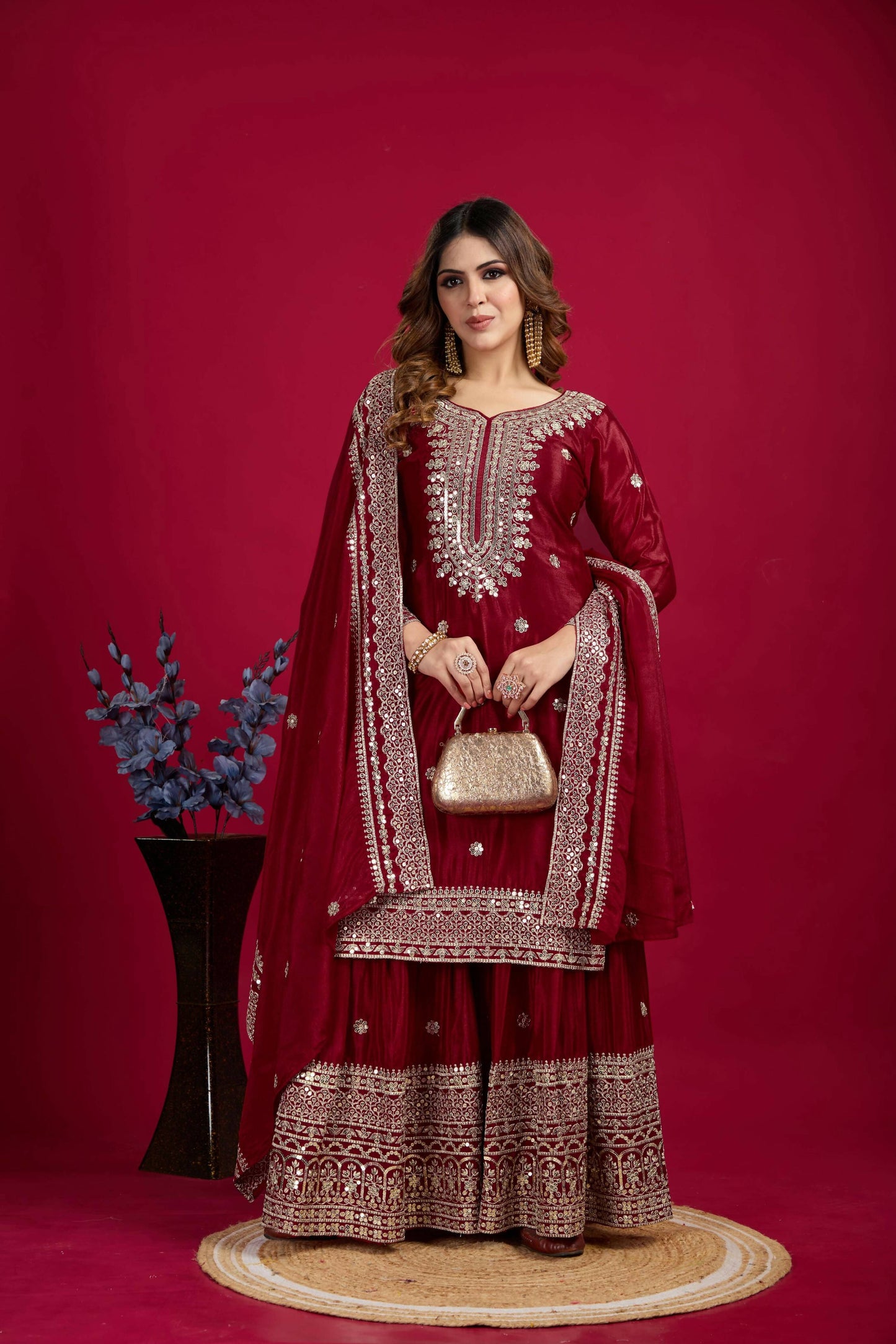 Joban Fashion Maroon Kurta Set Silk Sequins , Zari, Coding & Thread Embroidered work - Distacart