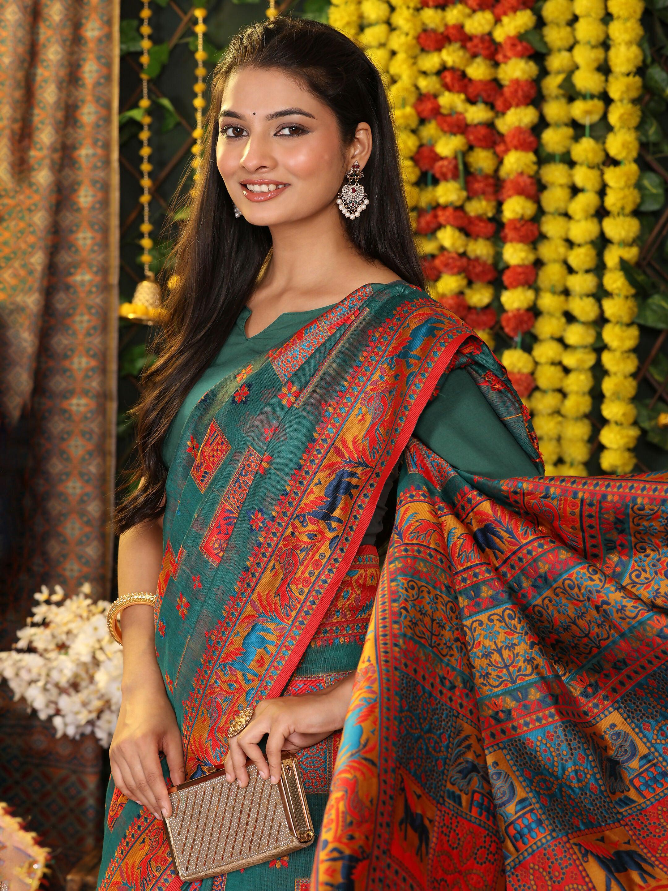 Astita Linen Cotton Rama Green Saree