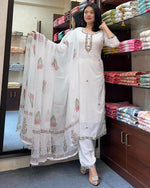 Thumbnail for The52 White Women's Gorgeous Georgette Butti Fabric Embroidered Work Straight Kurta Pant and Dupatta Set - Distacart