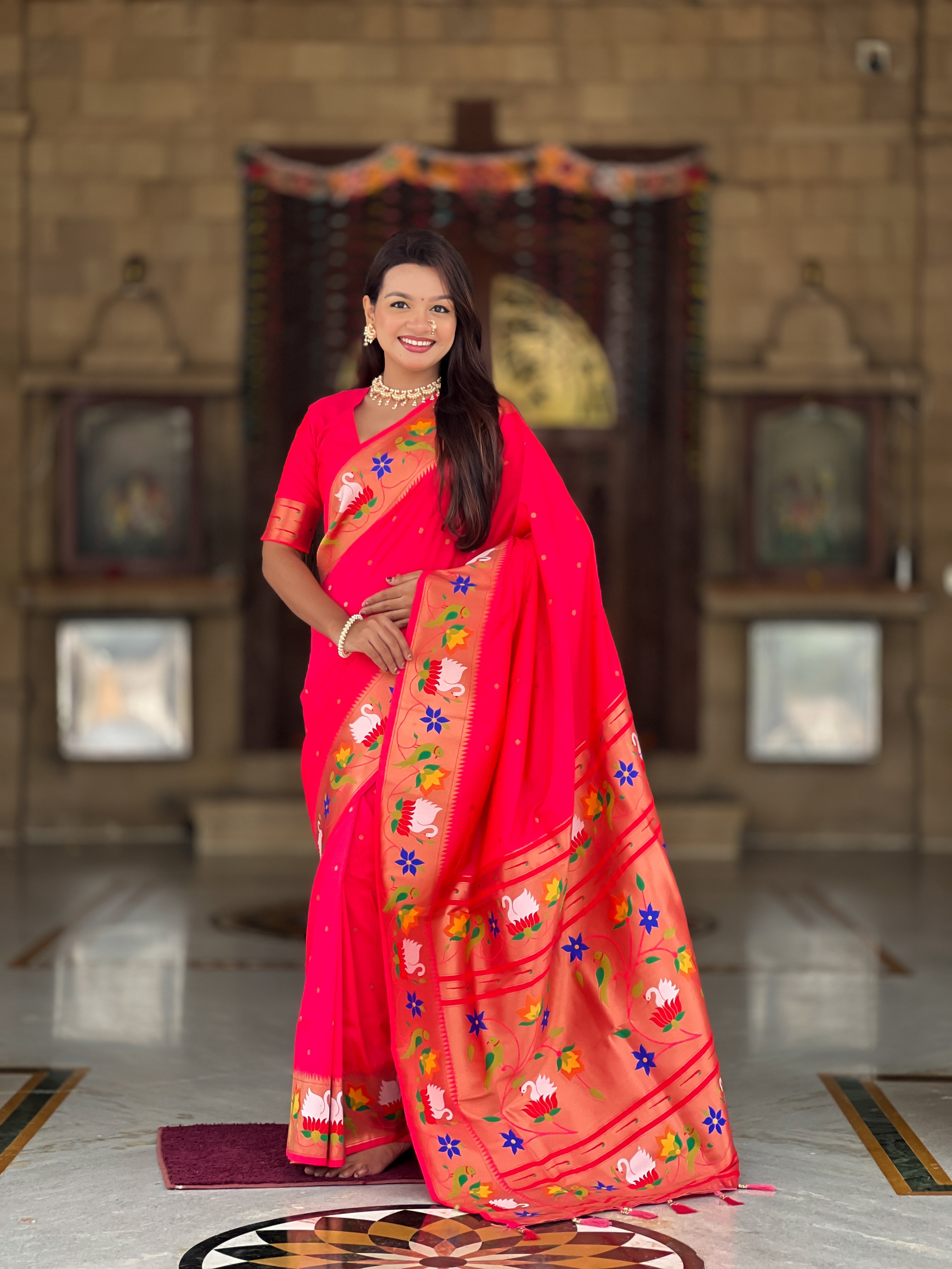 Mameraa Sarees Pink Faux Banarasi Silk Saree With Paithani Rich Weaved Pallu And Blouse-Pink - Dista