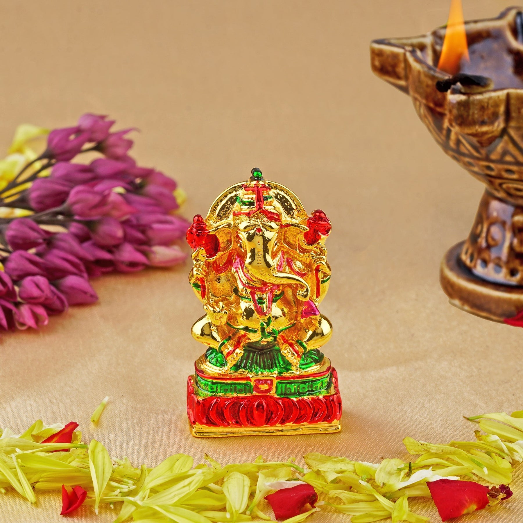 Estele Gold-Polished Spiritual Lord Divine Ganesha Idol with multi-color Stone Type:Enamel for Gifts & HouseWarming/Home/Office Decors - Distacart