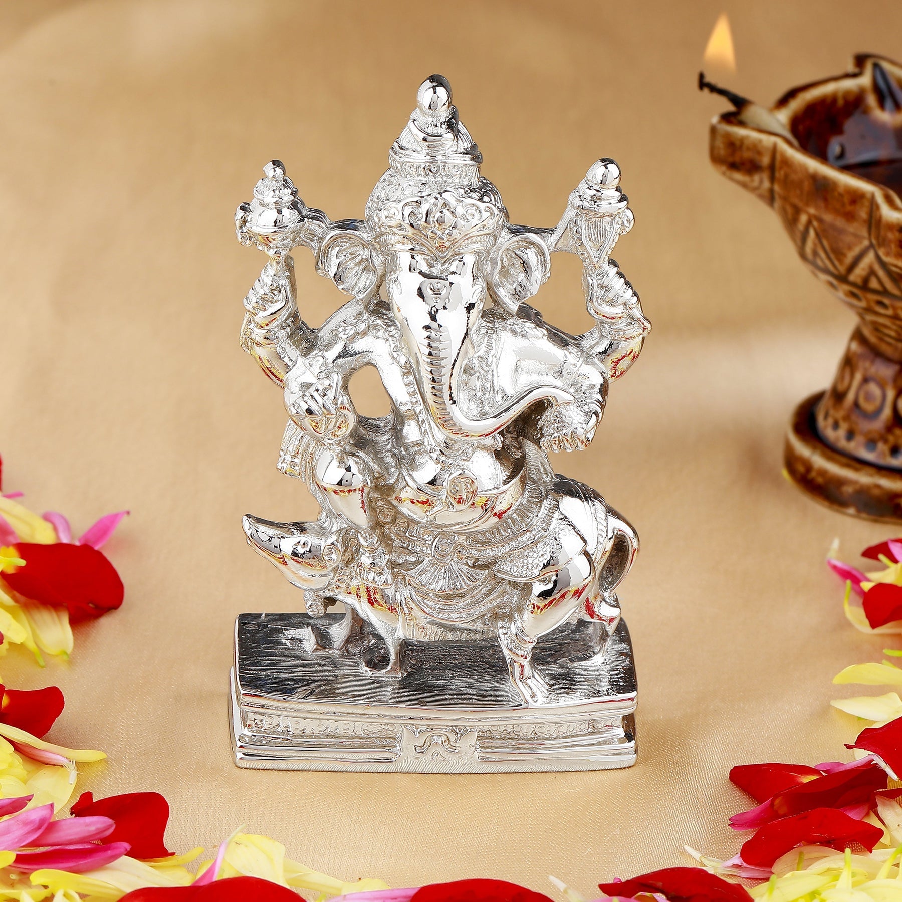 Estele Rhodium Plated Spiritual Lord Mooshak Ganesha Idol for Gifts & HouseWarming/Home/Office Decors - Distacart