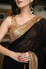 Thumbnail for Malishka Georgette Sequence Embroidery Black Party Wear Saree With Blouse Piece - Distacart