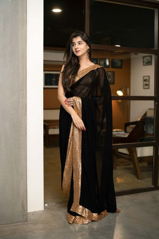 Malishka Georgette Sequence Embroidery Black Party Wear Saree With Blouse Piece - Distacart