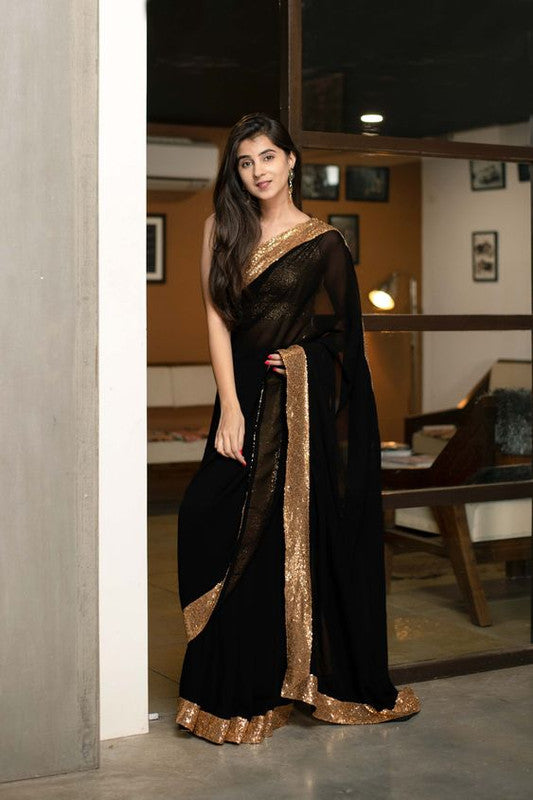 Malishka Georgette Sequence Embroidery Black Party Wear Saree With Blouse Piece - Distacart
