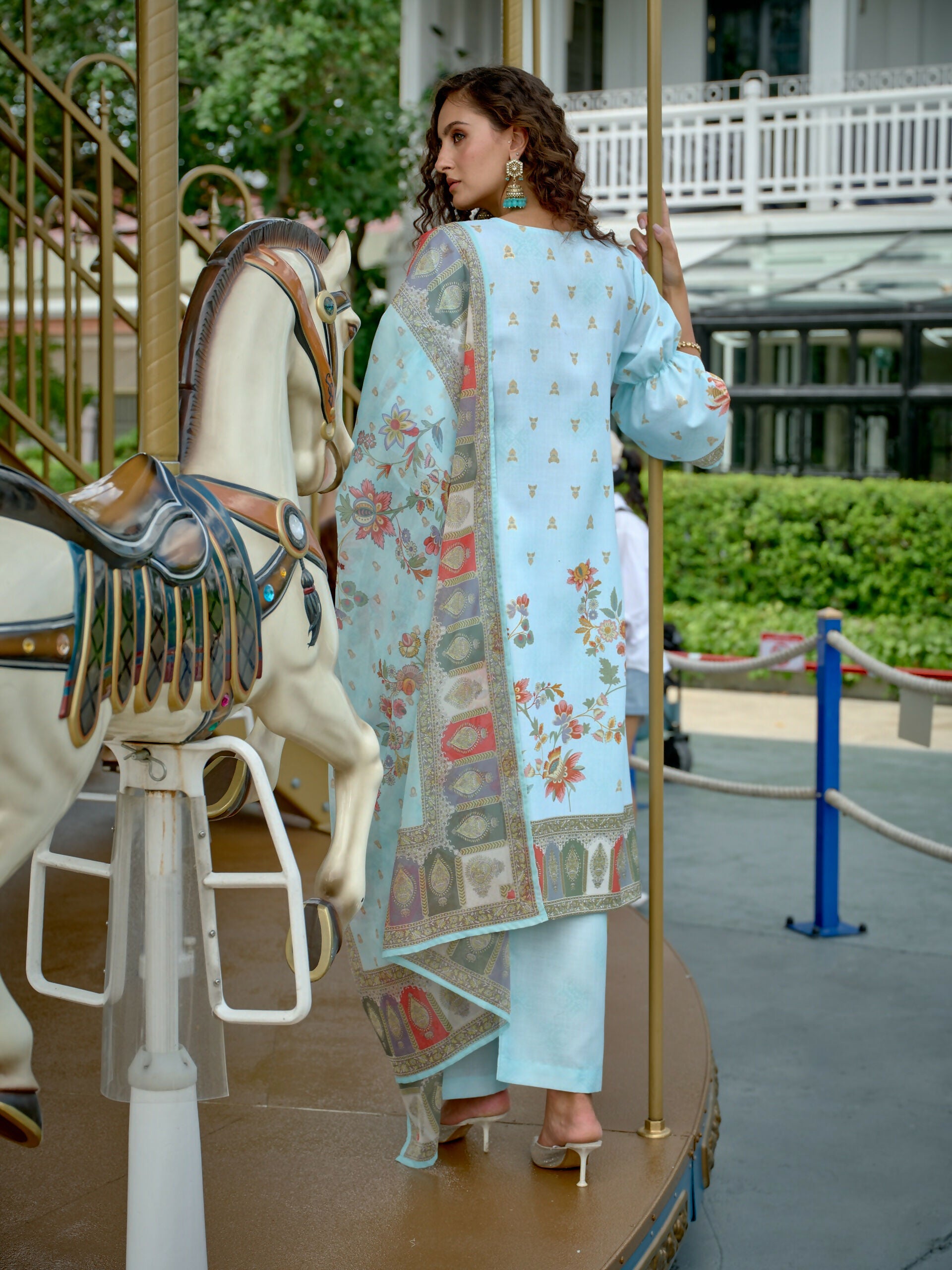 Joban Fashion Positive Sky Blue Digital Print With Position Foil Kurta Set