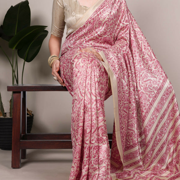 Vastranavya Salmon Tussar Silk Printed Saree with Unstitched Blouse - Distacart