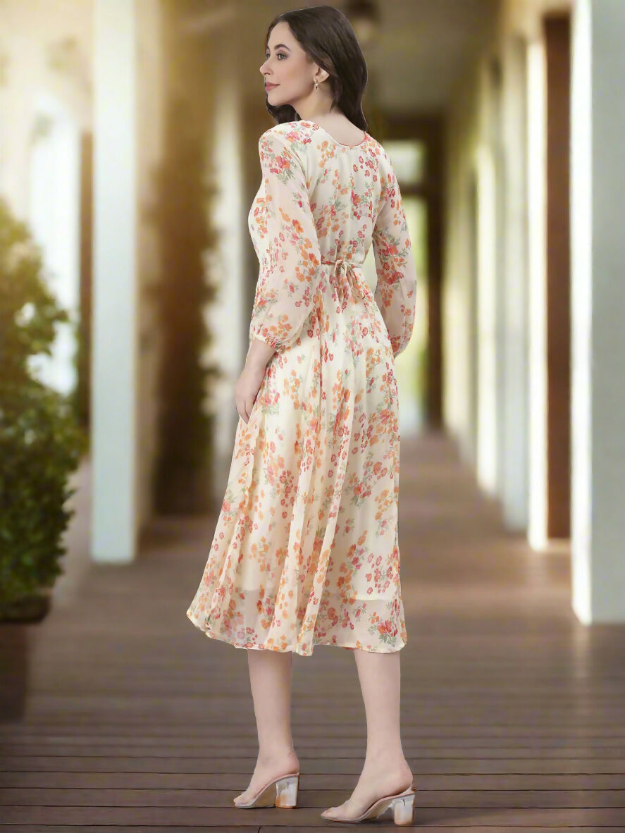 Souchii Cream Floral Printed Fit & Flare Dress