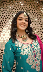 Thumbnail for Teeya Creation Womens New Wedding Wear Heavy Embroidery Thread Work Teal Kurta Set - Dista