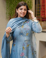 Thumbnail for The52 Blue Women's Beautiful Cotton Fabric Thread Work Straight Kurta, Pant and Dupatta Set - Distacart