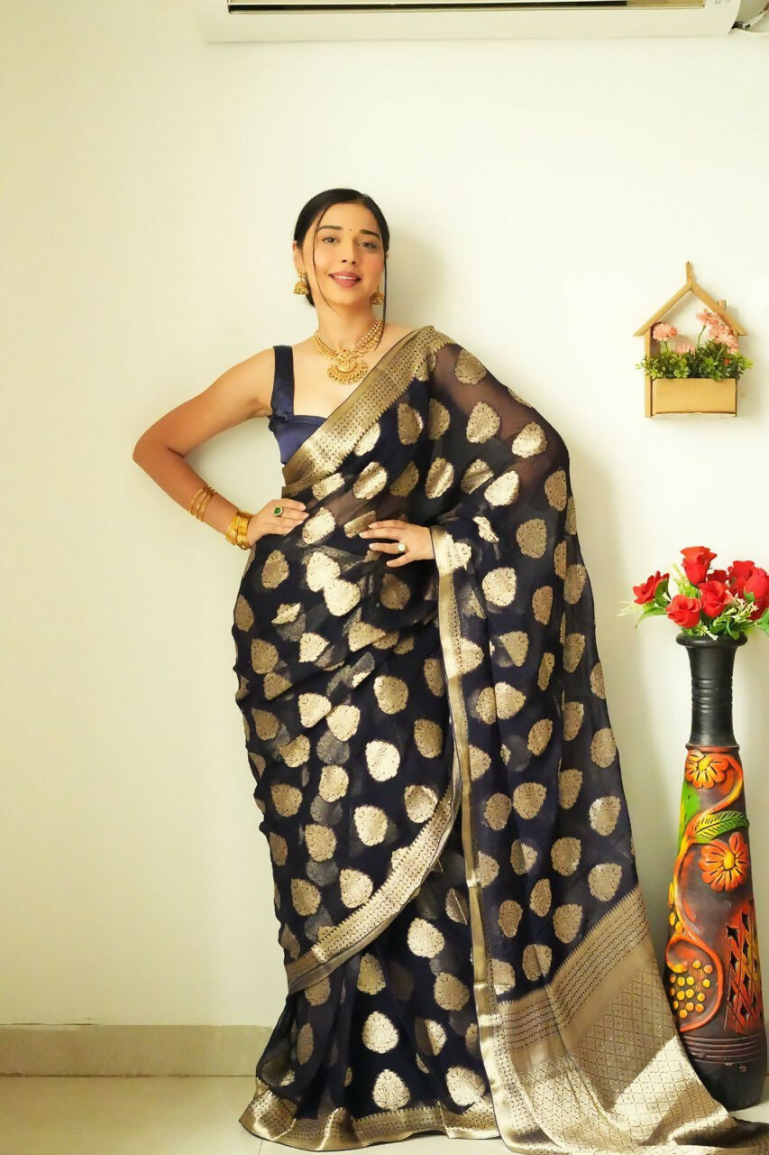 Malishka Cotton Silk Jacquard Ready To Wear Saree With Blouse Piece - Black - Distacart