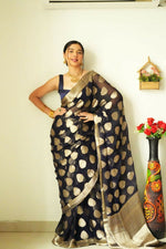 Thumbnail for Malishka Cotton Silk Jacquard Ready To Wear Saree With Blouse Piece - Black - Distacart