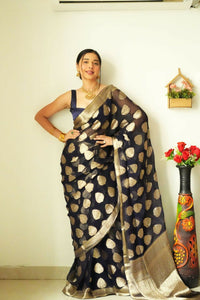 Thumbnail for Malishka Cotton Silk Jacquard Ready To Wear Saree With Blouse Piece - Black - Distacart