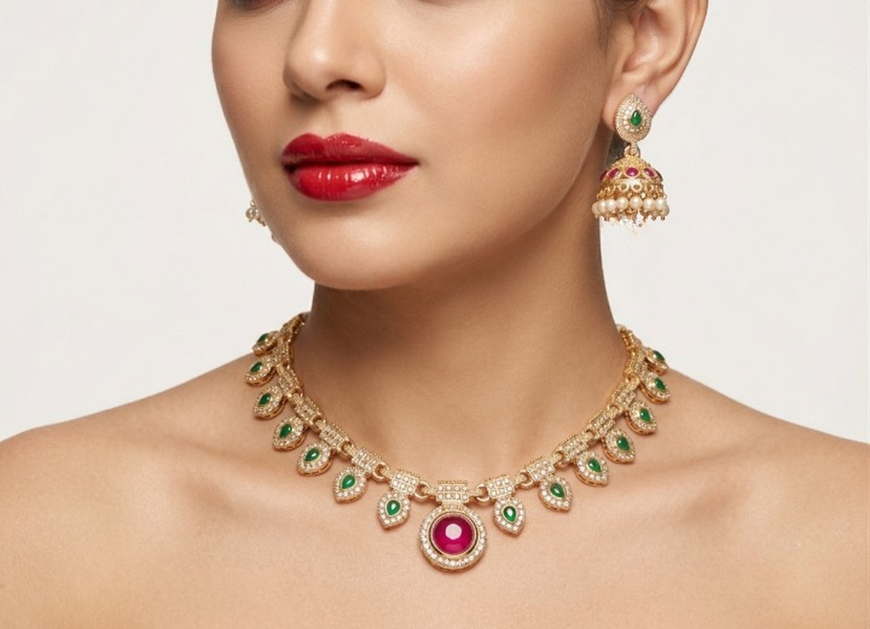 Jewel City Multicolor Gold Plated Necklace Set With Jhumka Earrings|Temple Jewelry For Festive - Dista