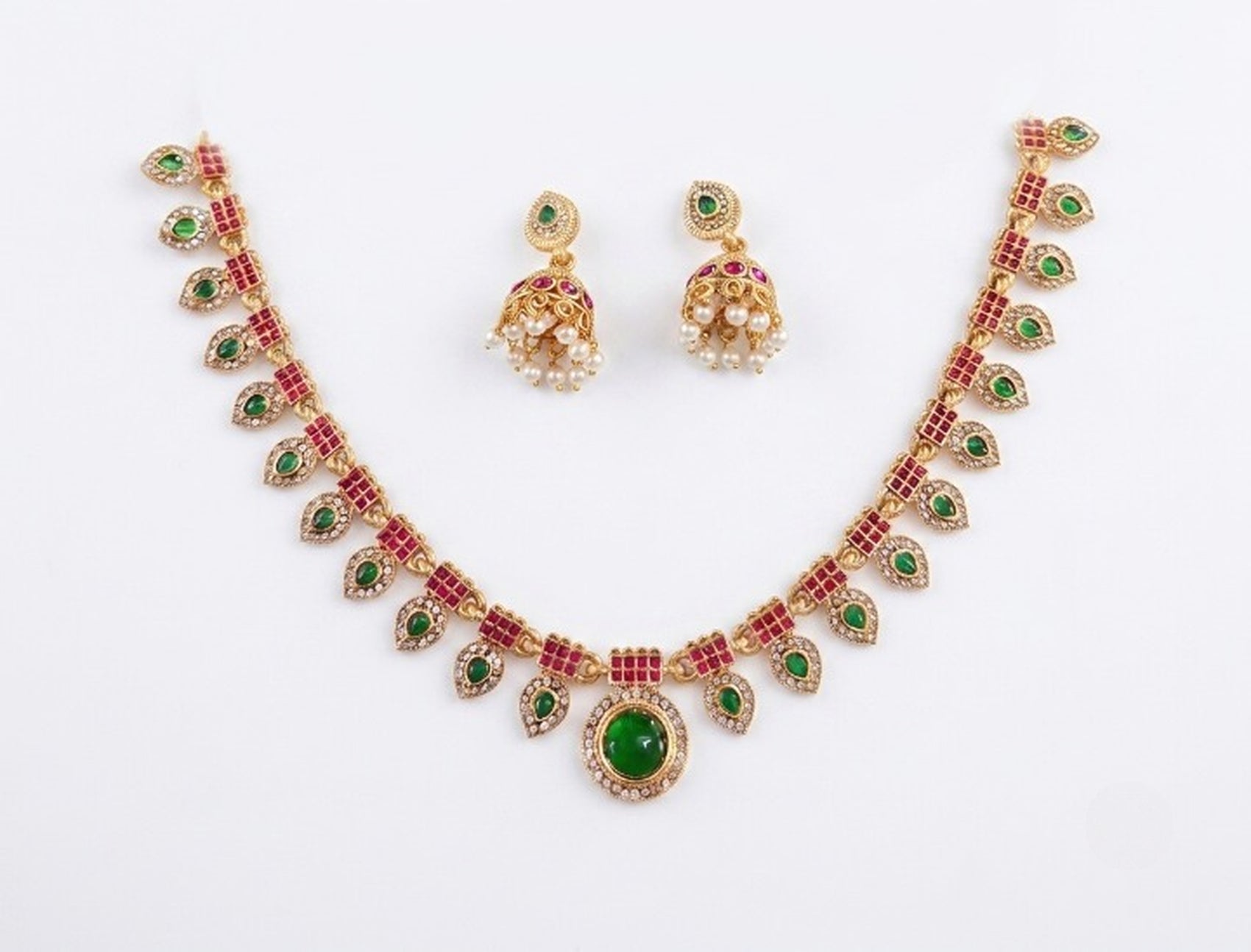 Jewel City Multicolor Gold Plated Necklace Set With Jhumka Earrings|Temple Jewelry - Dista