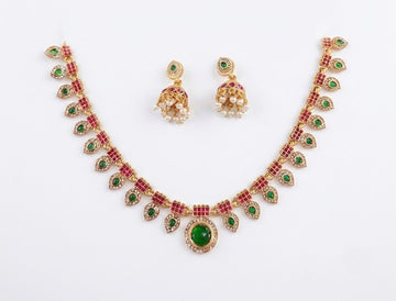 Jewel City Multicolor Gold Plated Necklace Set With Jhumka Earrings|Temple Jewelry - Dista