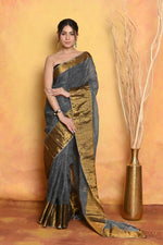 Thumbnail for Very Much Indian Handloom Pure Cotton Linen Saree With Golden Border - Grey Gold - Distacart