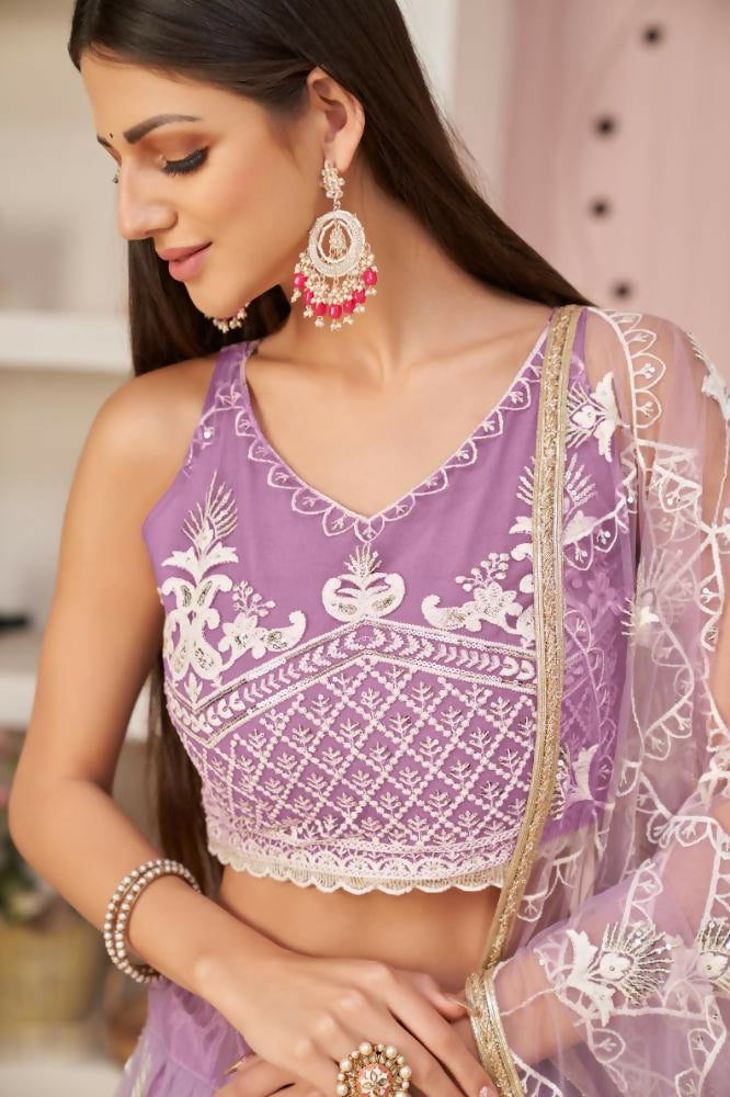 Aastha Fashion Lavender Butterfly Net White Cotton Thread Work, Zari Work And Sandwich Sequence Work Embroidery Wedding Wear Lehenga Choli - Distacart