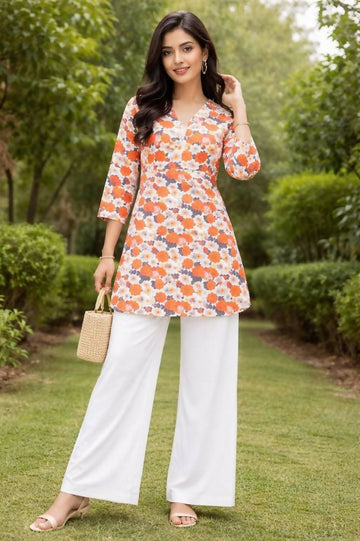 Teeya Creation Womens New Trendy Orange Flower Floral Printed Short Kurti with Beige Palazzo Set - Dista