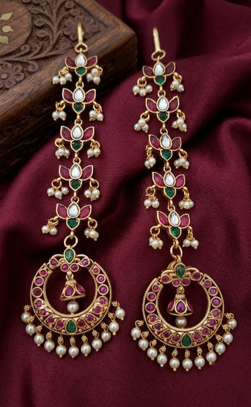 Jewel City Gold Kemp Earrings With Matal Chain For Temple & Bridal Wedding Earrings - Dista