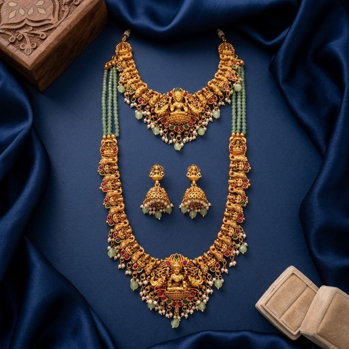 Jewel City Temple Jewelry Combo Set With Choker, Long Necklace & Jhumkas For Weddings - Dista