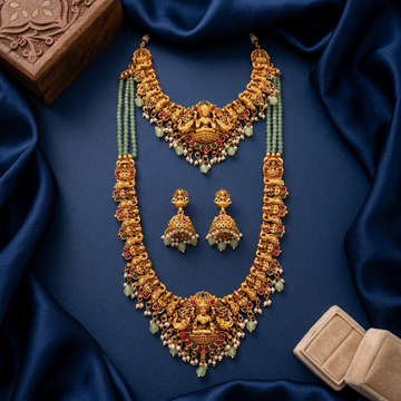 Jewel City Temple Jewelry Combo Set With Choker, Long Necklace & Jhumkas For Weddings - Dista