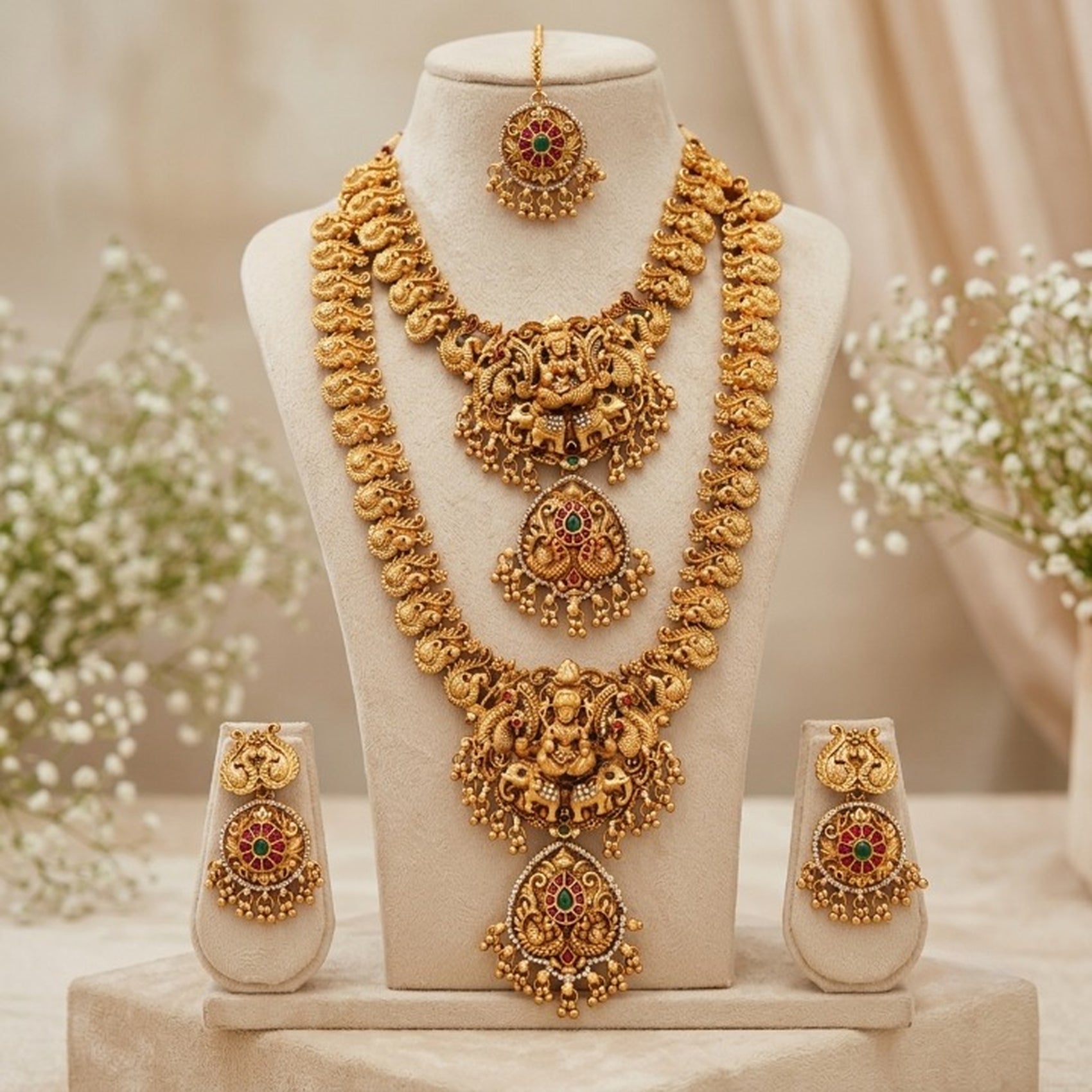 Jewel City South Indian Temple Jewelry Set: Lakshmi Long Haram, Choker, Earrings & Maang Tikka Bridal Set - Dista