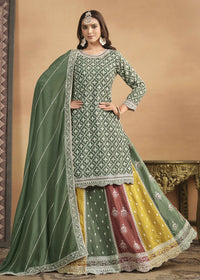 Thumbnail for Chinnon Green Multicolor Embroidered Lehenga Style Suit - Emponline - Distacart