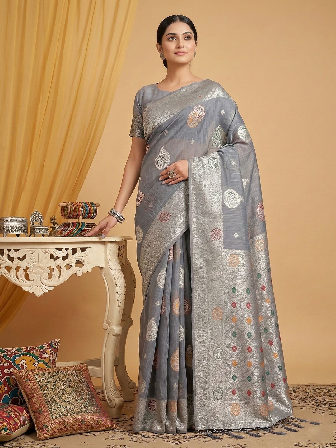 Shree Shyam Fashion Grey Linen Cotton Saree - Distacart