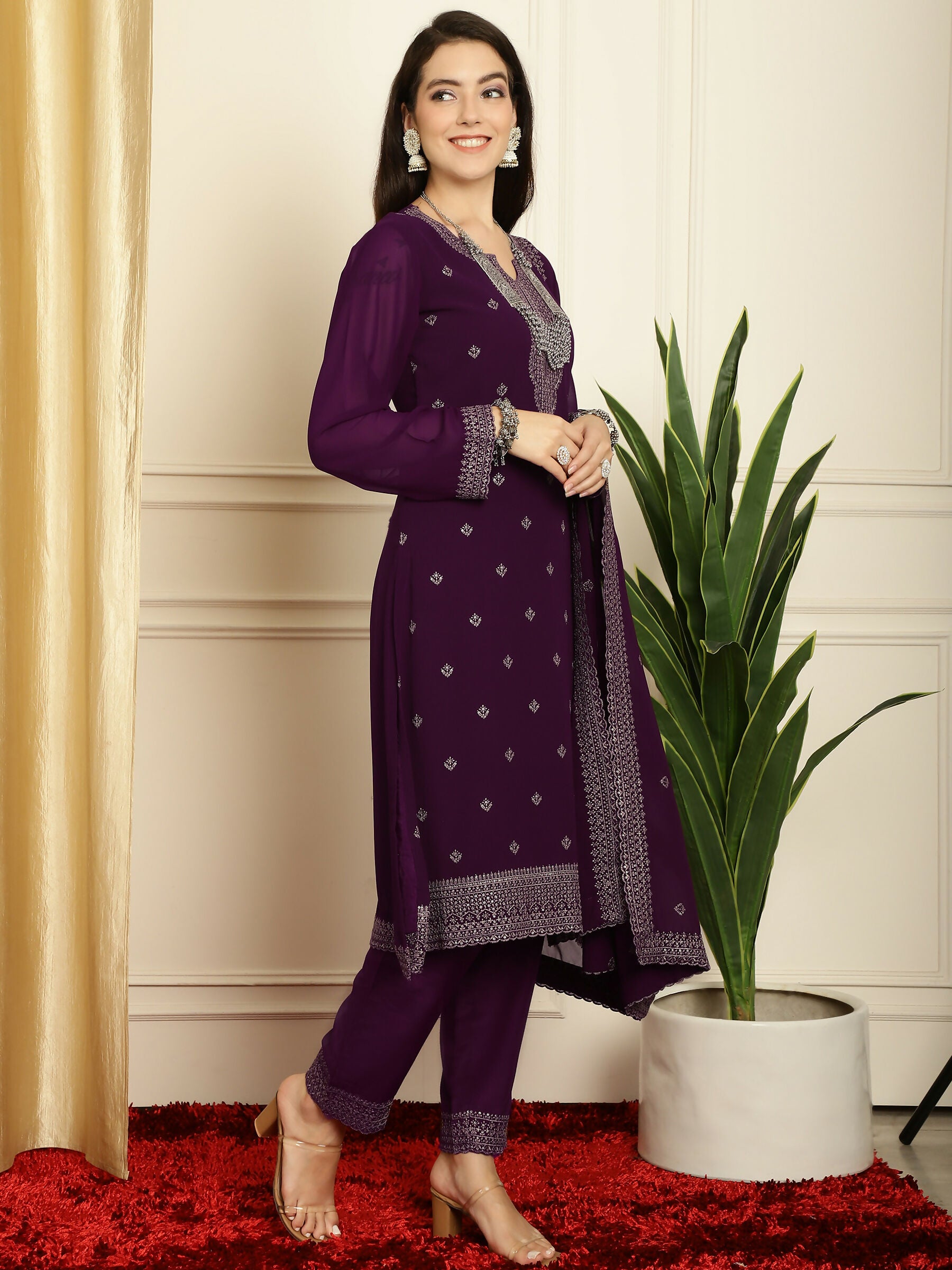 Jyoti Fashion Women's Burgundy Georgette Resham Thread & Sequin Kurta with Trouser & Dupatta - Distacart