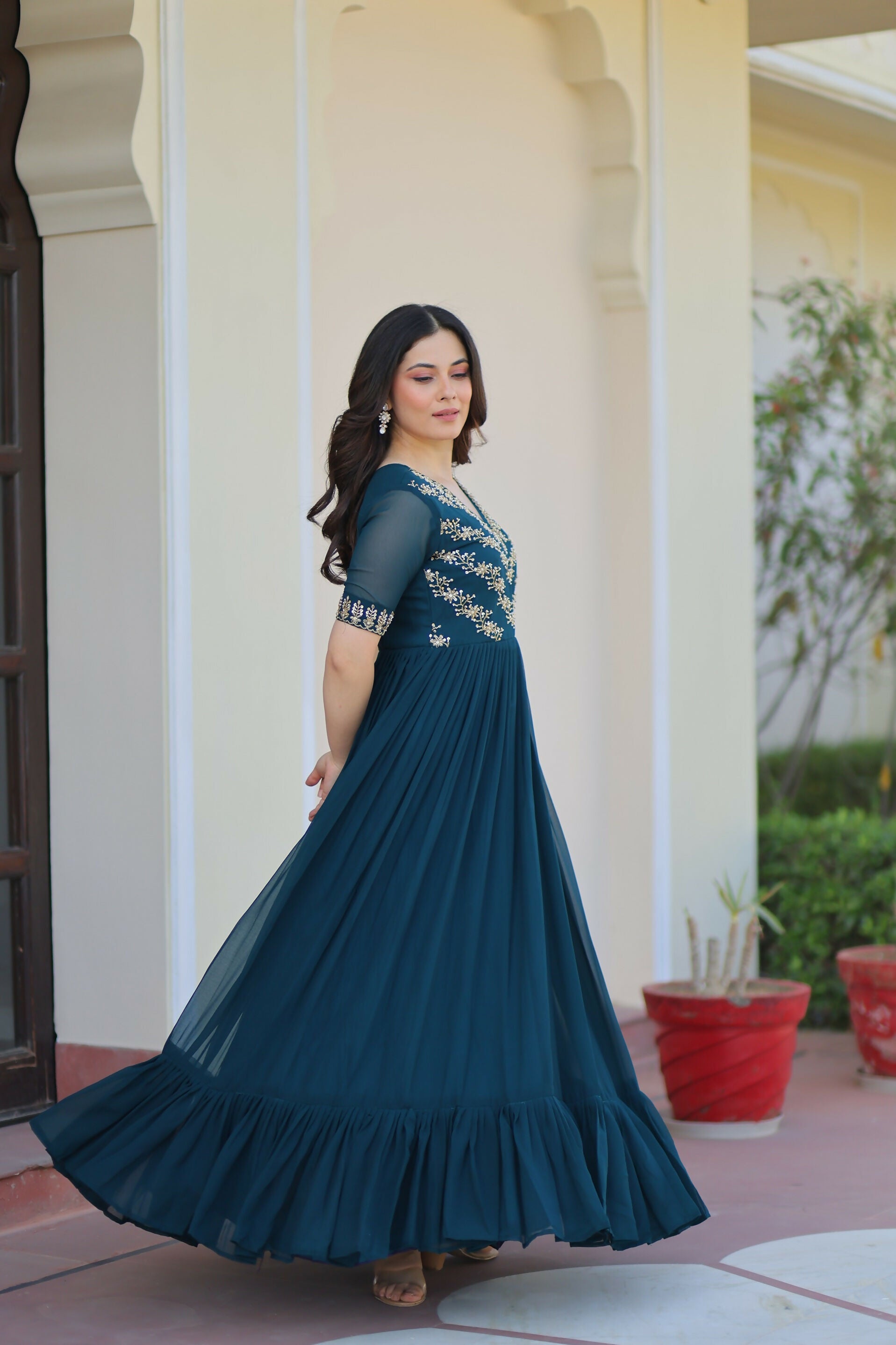 Joban Fashion Rama Green Georgette Sequence Embroidery Work Gown
