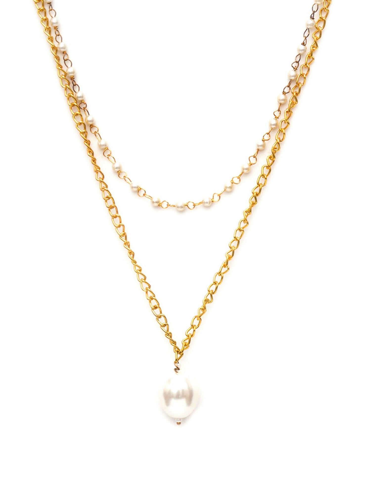 Layered Pearl and Gold Neckpiece with Emeralds (Gold) - Ruby Raang - Distacart