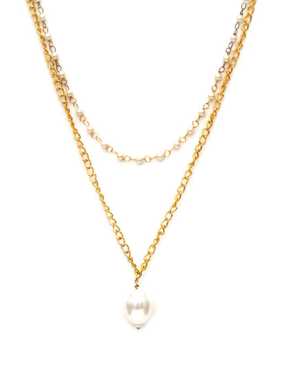 Layered Pearl and Gold Neckpiece with Emeralds (Gold) - Ruby Raang - Distacart