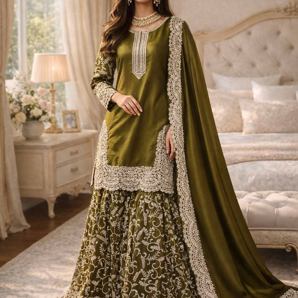 Teeya Creation Mehendi Fendy Satin Heavy Embrodiery Work Wedding Wear Salwar Suit - Distacart