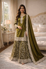 Thumbnail for Teeya Creation Mehendi Fendy Satin Heavy Embrodiery Work Wedding Wear Salwar Suit - Distacart