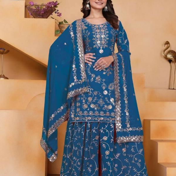 Lehenga Mart Designer Sharara Suit With Kurta, Sharara, Dupatta For Women-Teal Blue - Distacart