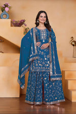 Thumbnail for Lehenga Mart Designer Sharara Suit With Kurta, Sharara, Dupatta For Women-Teal Blue - Distacart