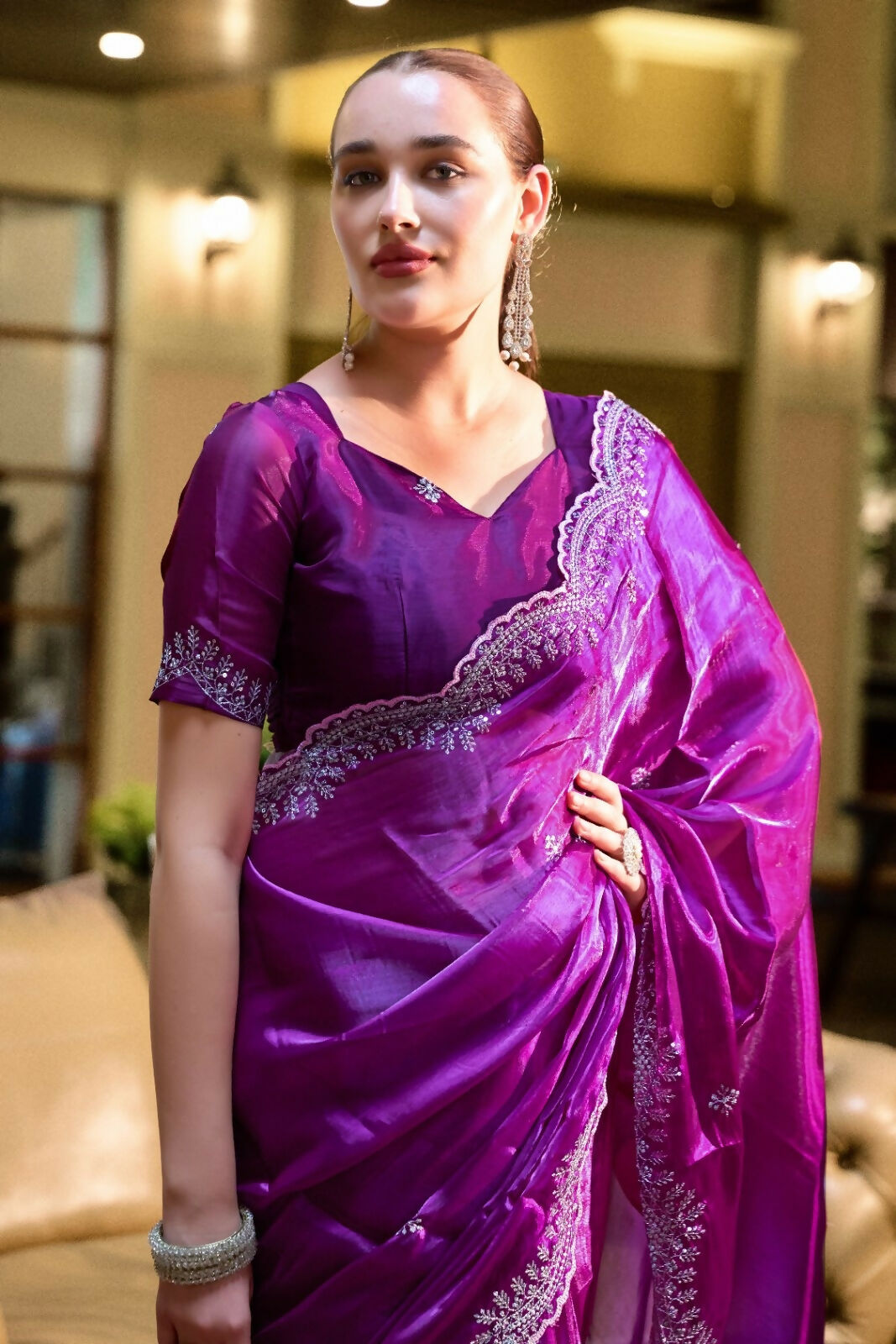 Vastranavya Purple Embroidery Work Shimmer Chiffon Saree with Unstitched Blouse