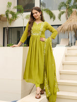 Thumbnail for The52 Lemons Women's Gorgeous Chinon Embroidered Flared Kurta with Pant And Dupatta Set - Distacart