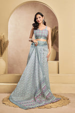 Thumbnail for Vastranavya Grey Digital Printed Linen Ready To Wear Designer Saree with Unstitched Blouse - Distacart