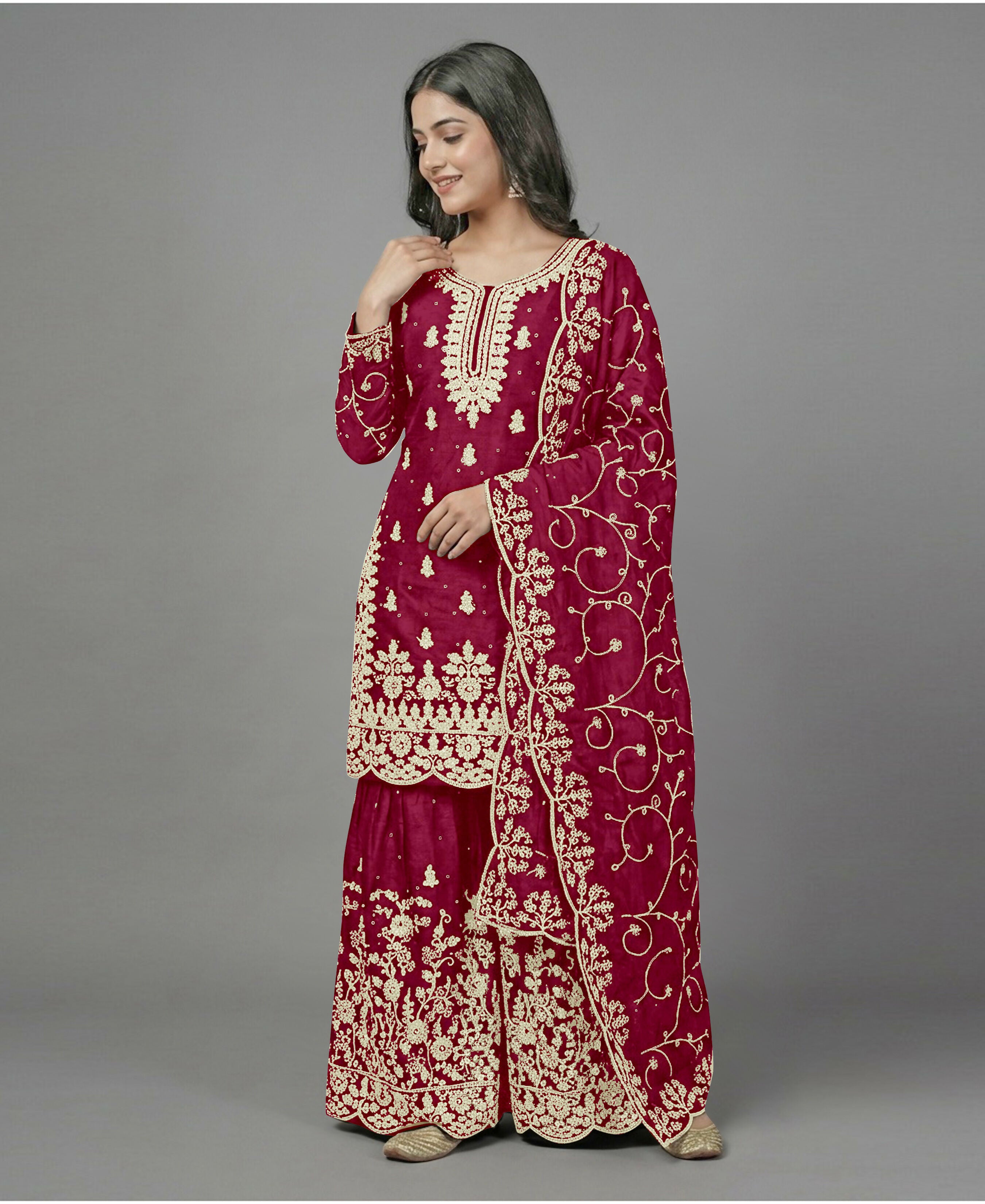Teeya Creation Womens New Trendy Pure Gmy Silk With Heavy Embroidery Sequence Work Red Kurta Set - Dista