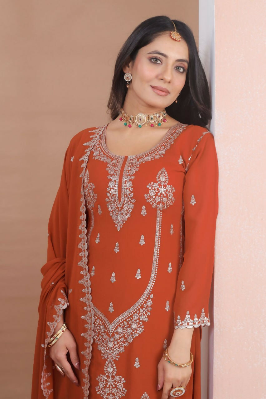 Joban Fashion Dark Orange Georgette Embroidered Sharara Set - Distacart