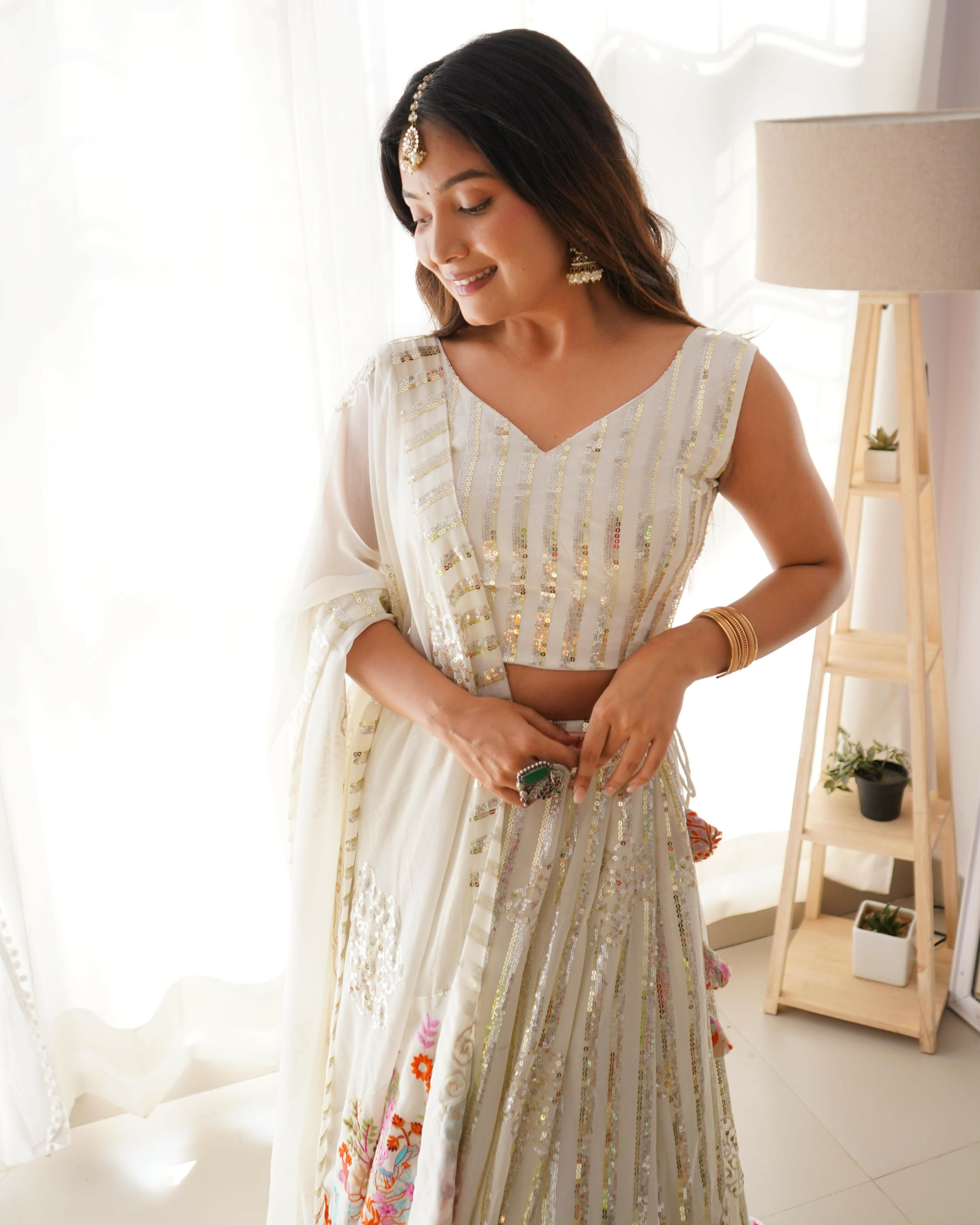 Joban Fashion white Lehenga Georgette Coding Dori with Sequence with Rivet Moti