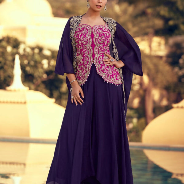 Anaita violet Chinon Readymade Shrug Suit with Heavy Embroidery Work - Distacart