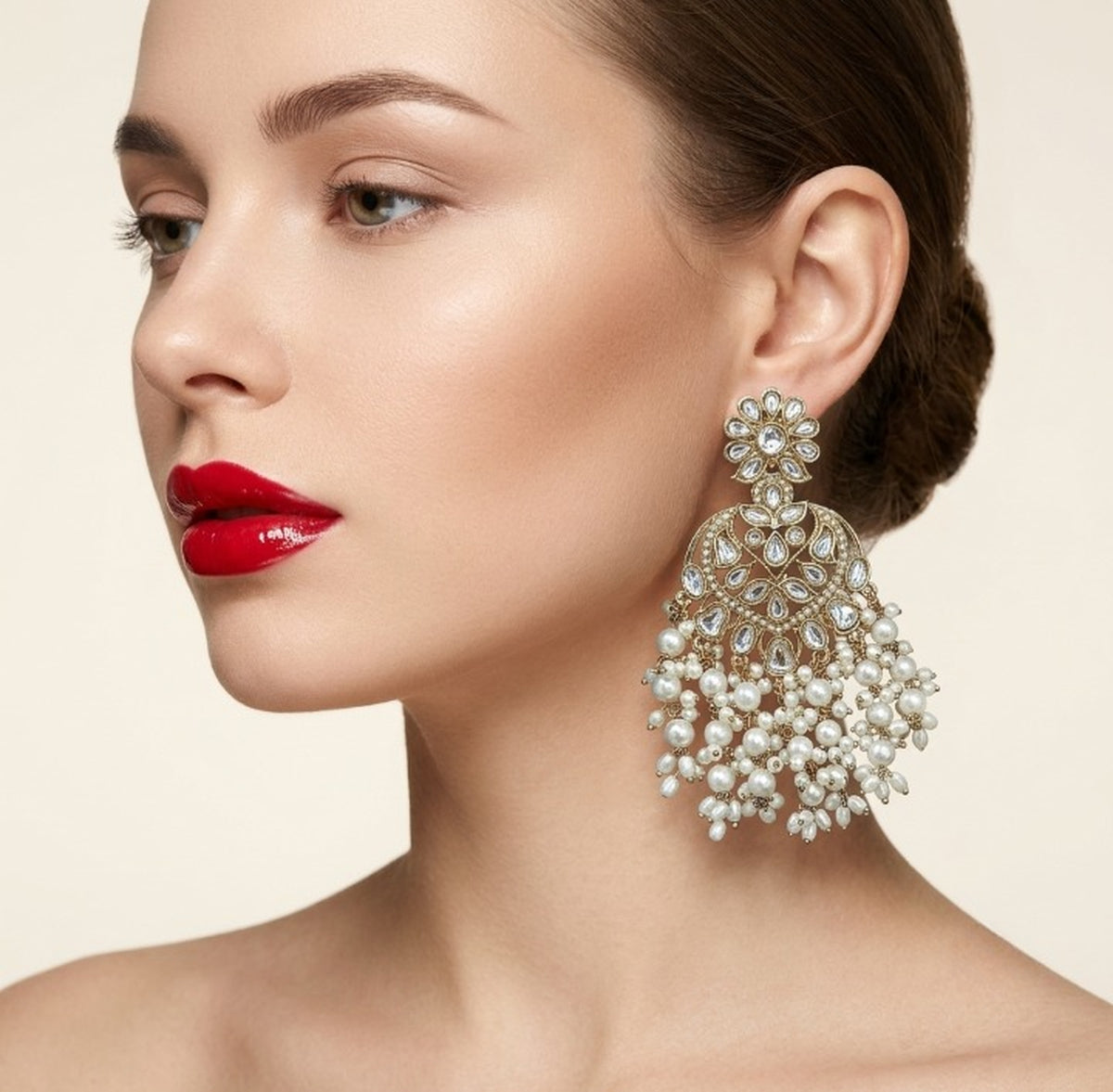 Jewel City Kundan Pearl Chandbali Earrings | Gold Plated Indian Wedding Bridal Jewelry-White