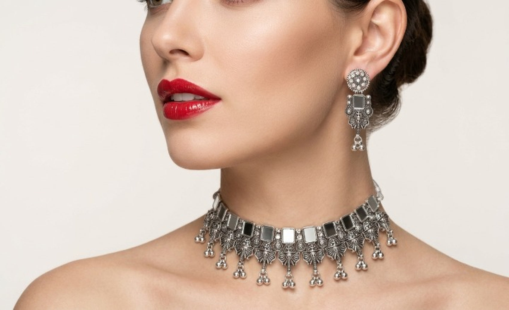 Jewel City Oxidized Silver Mirror Choker Set, Ethnic Jewelry - Dista