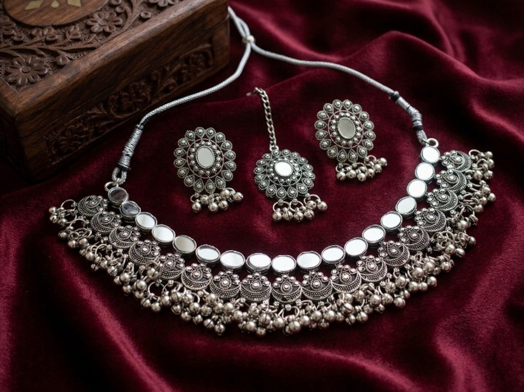Jewel City Oxidized Silver Mirror Choker Set, Traditional Ethnic Indian Jewelry - Dista