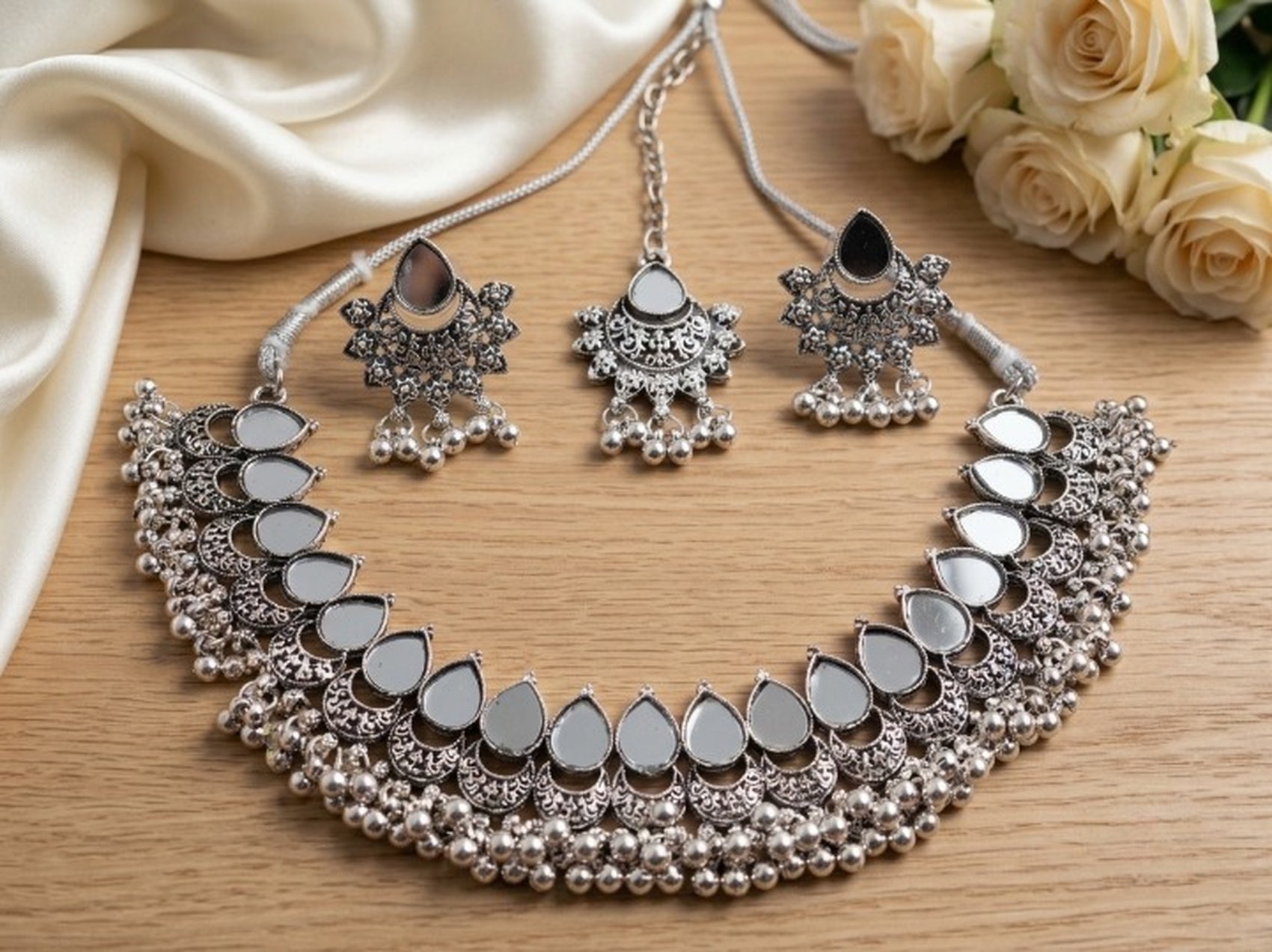 Jewel City Oxidized Silver Mirror Choker Set, Ethnic Indian Jewelry - Dista