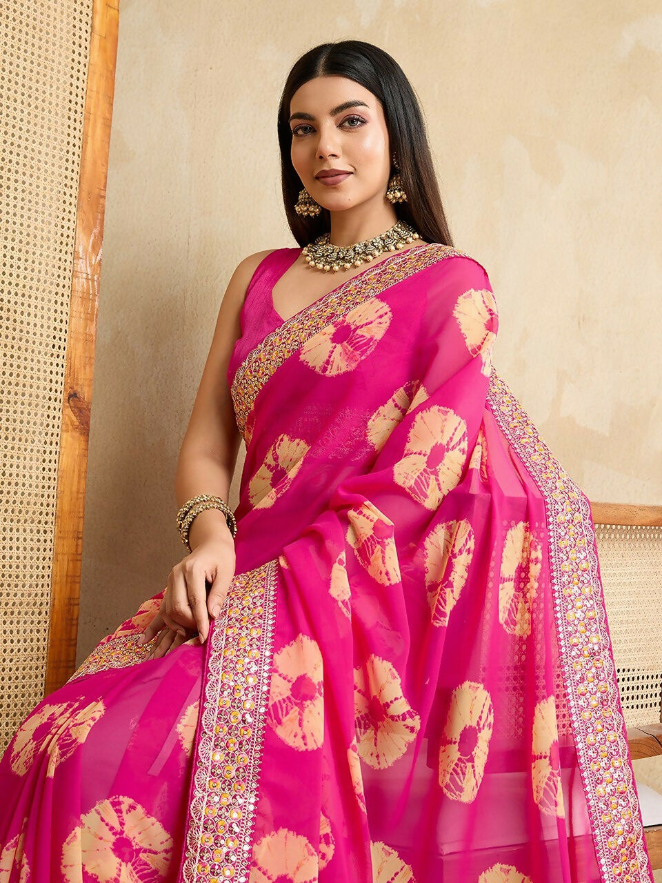 Ai Fashion Pink Georgette Bandhani Print Party Wear Saree