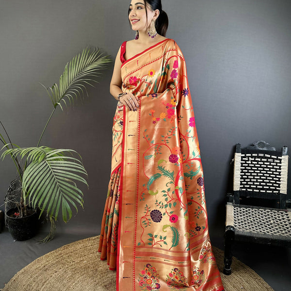 Joban Fashion Pastel Red Floral & Bird Motifs Soft Silk Paithani Saree - Distacart